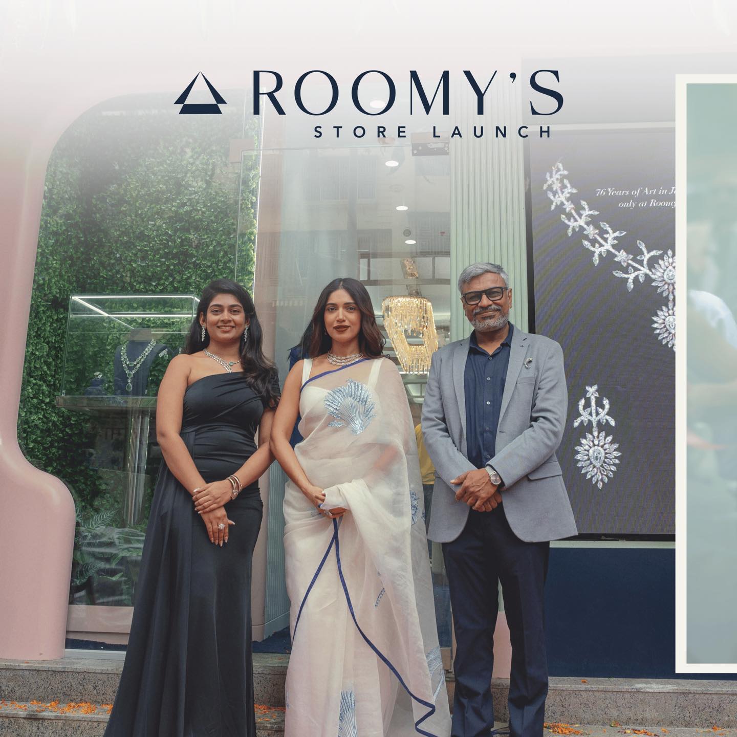 An image of one of our showrooms with floral light fixtures and clear display cases is pictured