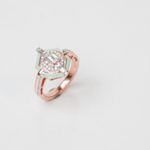 Hexagon Enamel Ring with Baguette and Round Diamonds on Band