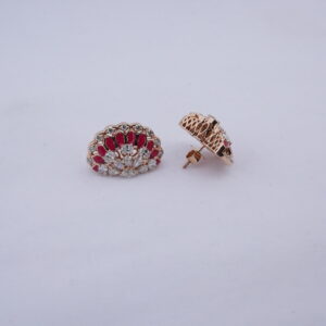 Rose Gold Half-Circle Earrings with Pink Stones, Round and Pear-Cut Diamonds